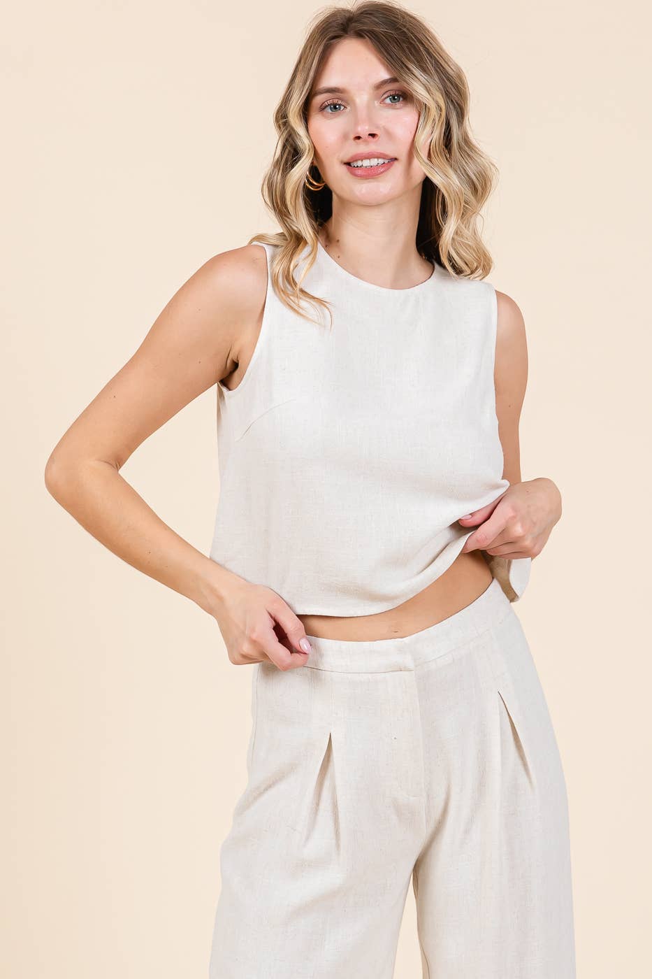 Linen Blend Crop Tank Top Pleated Pant Set