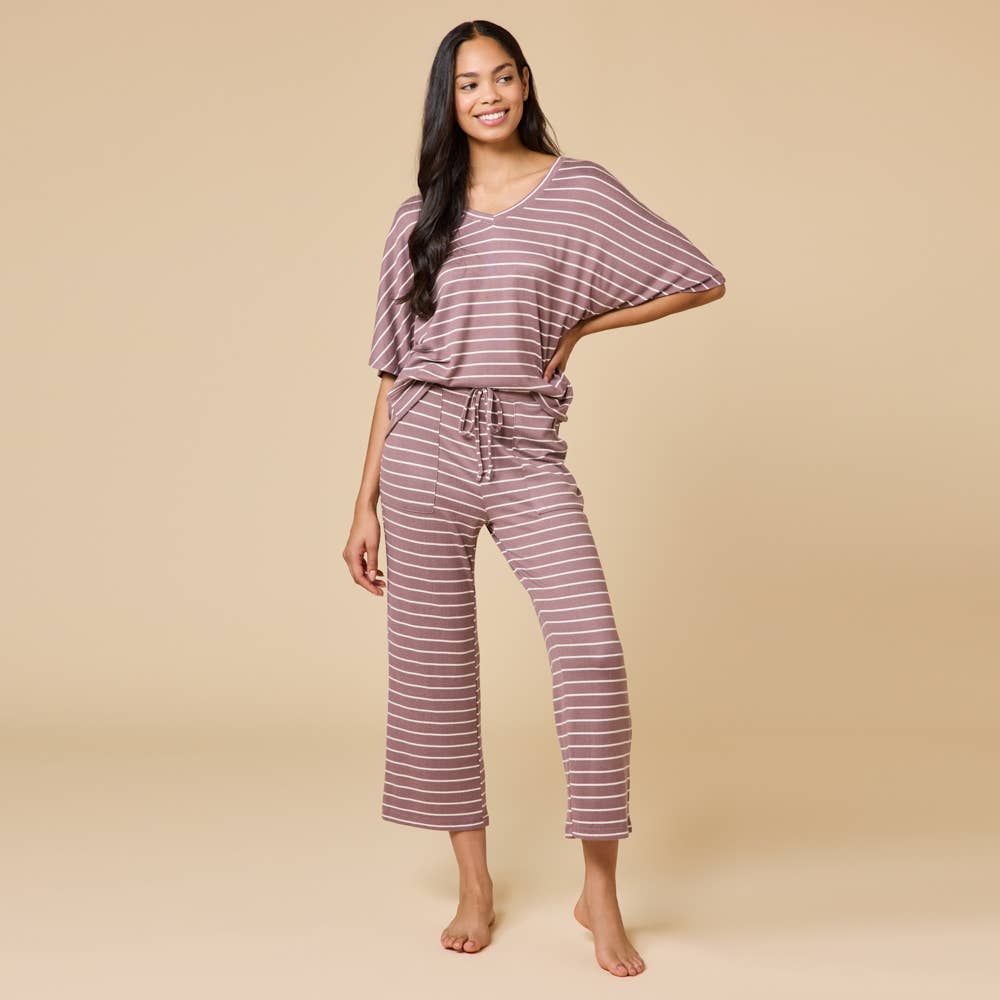 Striped Dream V-Neck Capri Lounge Set – Buttery Soft 2-Piece