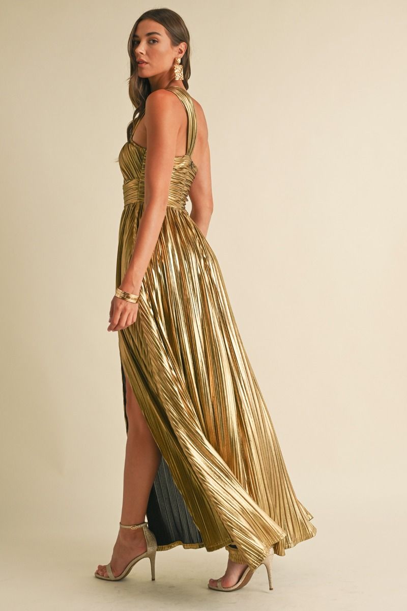 Metallic Pleat Maxi Dress