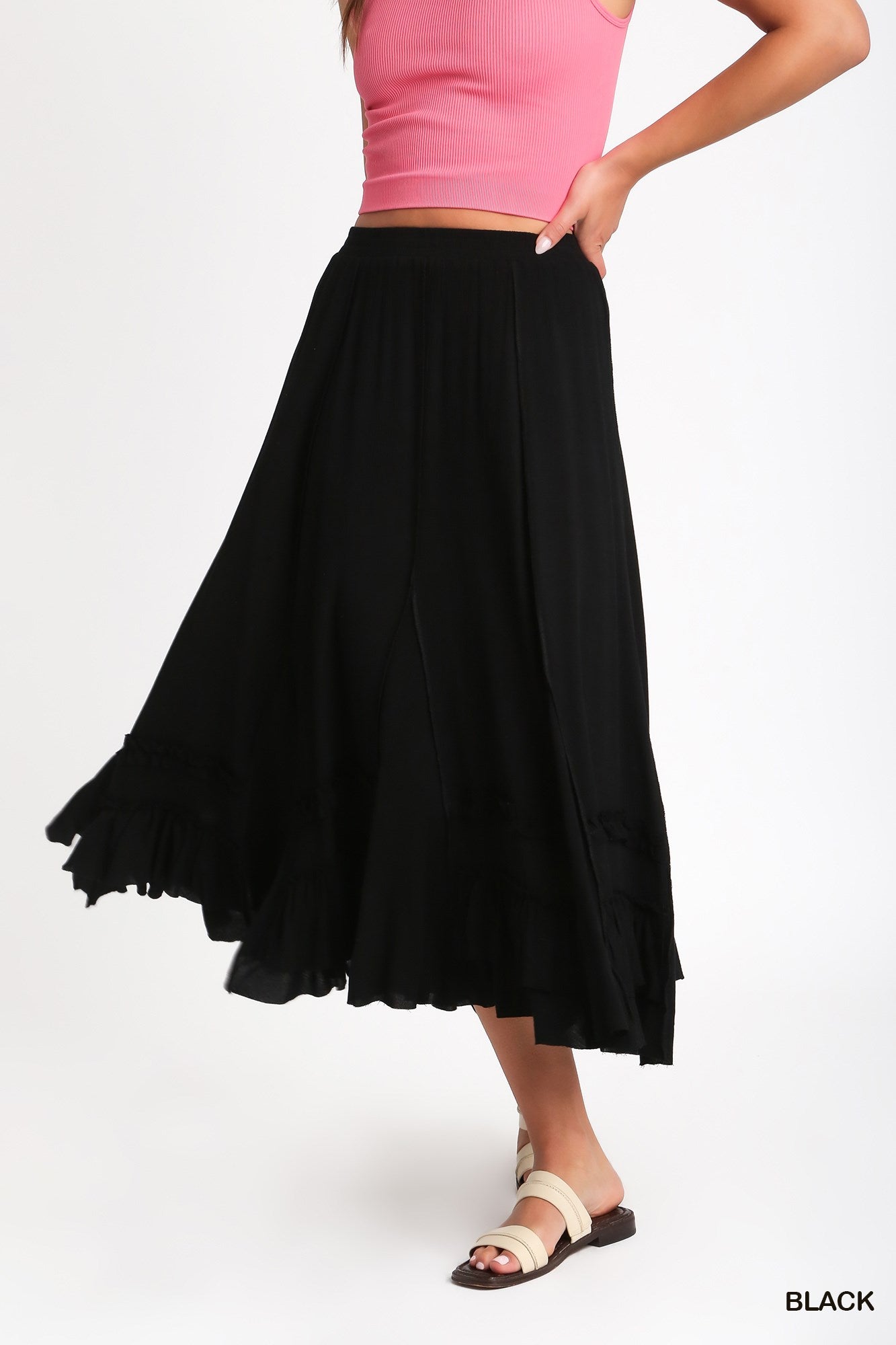 Rayon Elastic Waist Maxi Skirt with Cut Edges Details