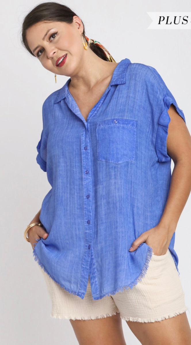 Washed Button Up Short Sleeve Top with Frayed Hemline Extended Size