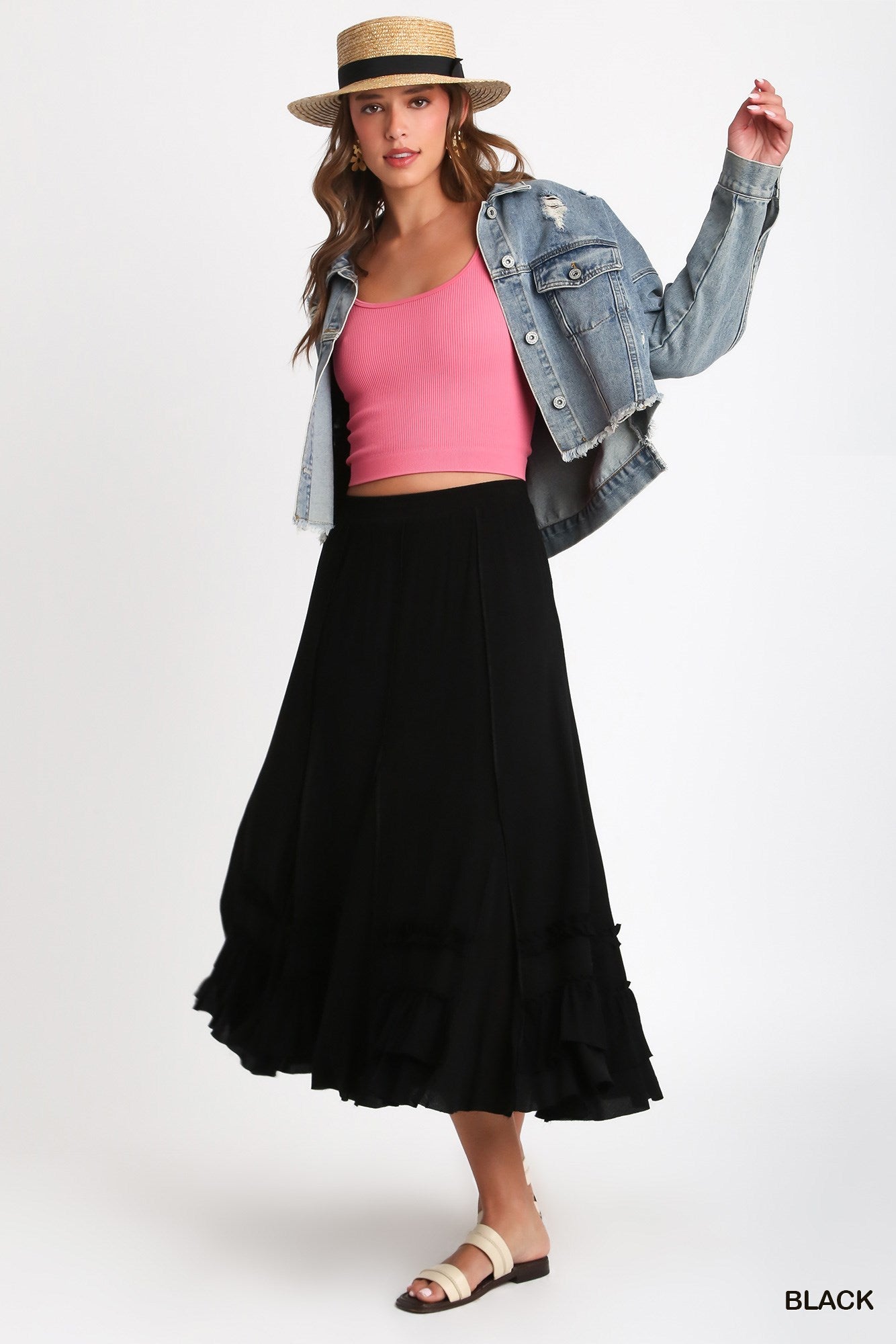 Rayon Elastic Waist Maxi Skirt with Cut Edges Details