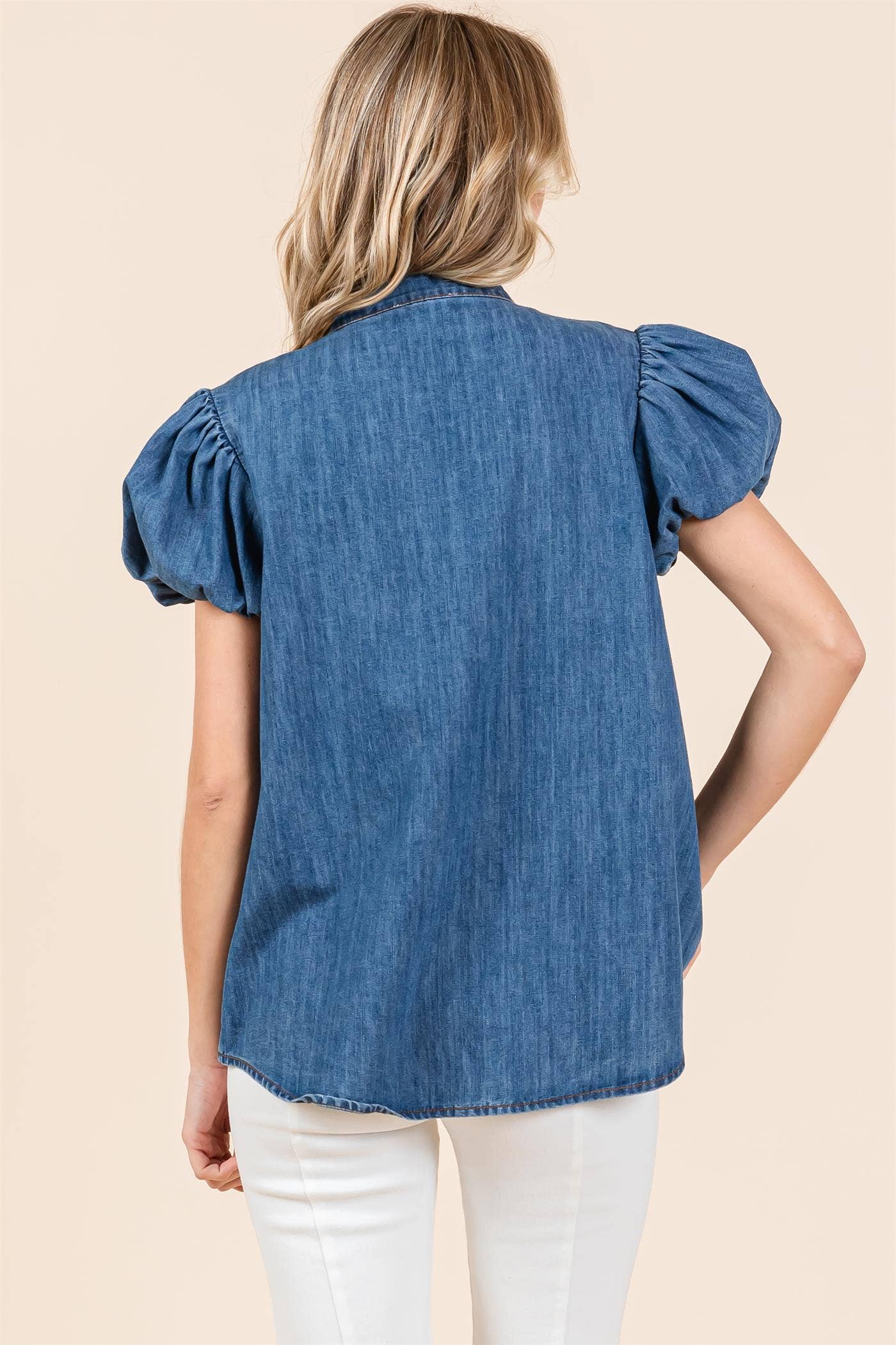 Extended Size Puffed Sleeve Denim Blouse