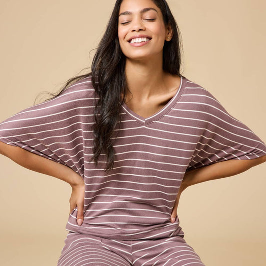 Striped Dream V-Neck Capri Lounge Set – Buttery Soft 2-Piece