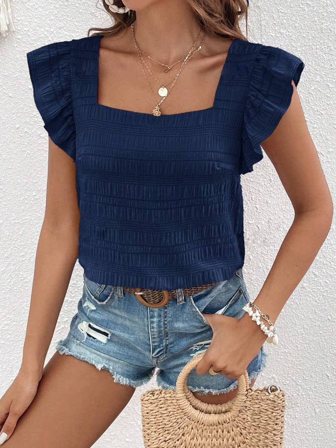 Square Neck Ruffle Panels Short-Sleeved T-Shirt Tope