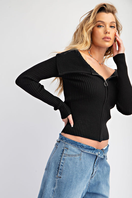 Zip Up Front Knit Sweater Top