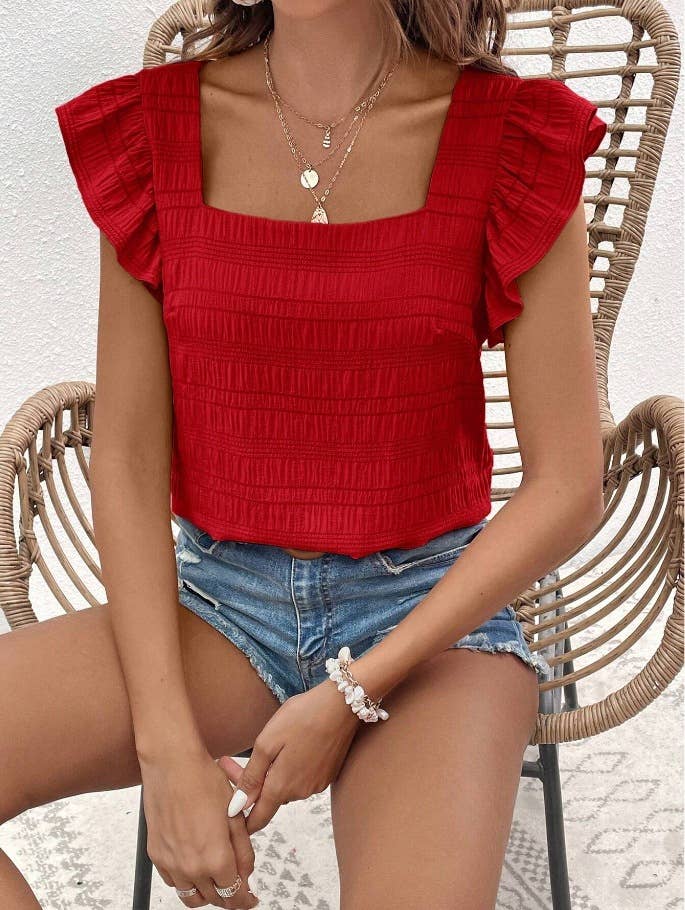 Square Neck Ruffle Panels Short-Sleeved T-Shirt Tope