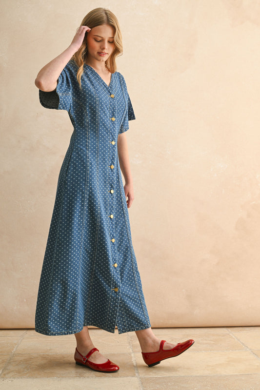 Dot Print Detail Button Front Dress