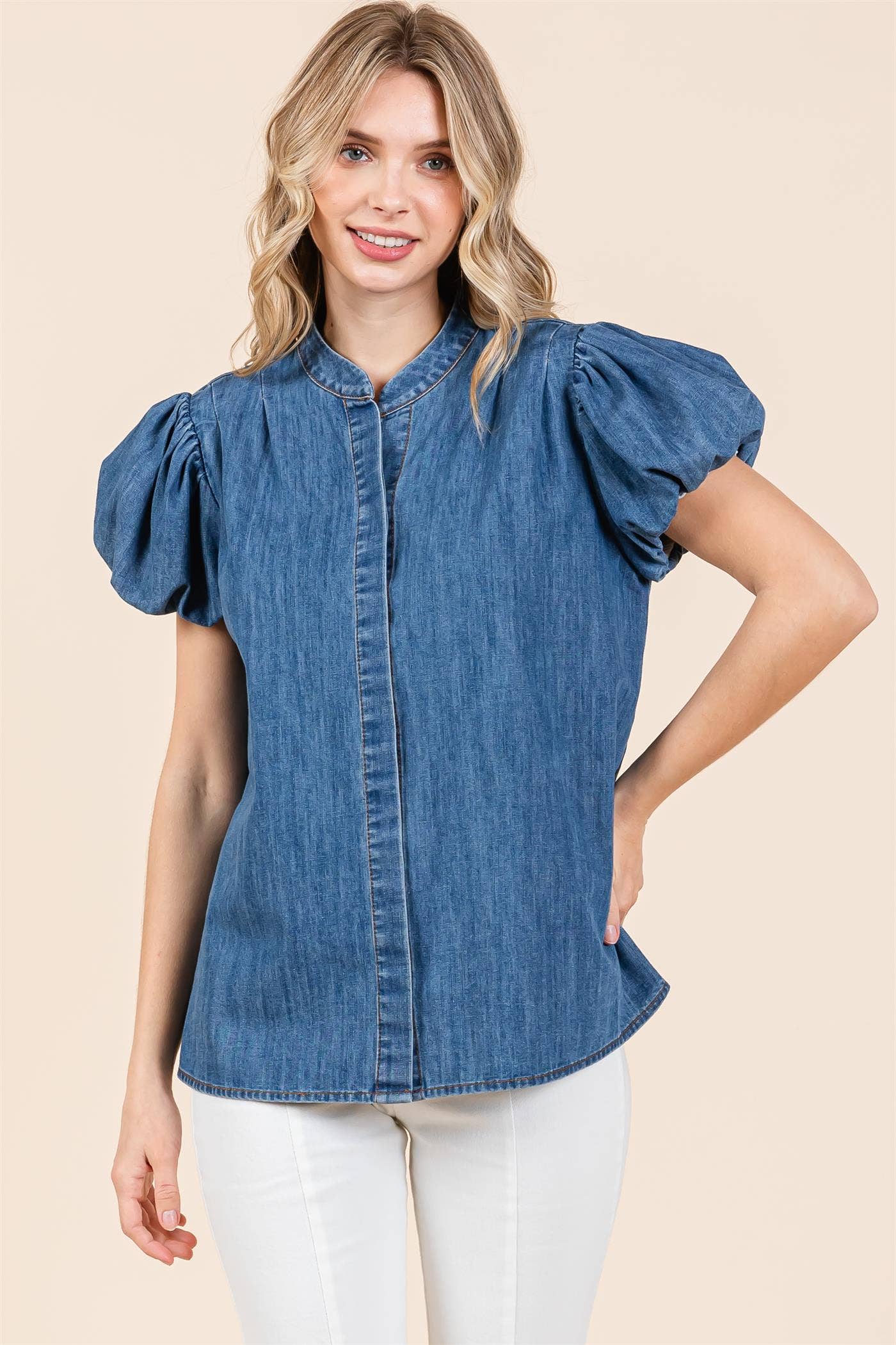 Extended Size Puffed Sleeve Denim Blouse