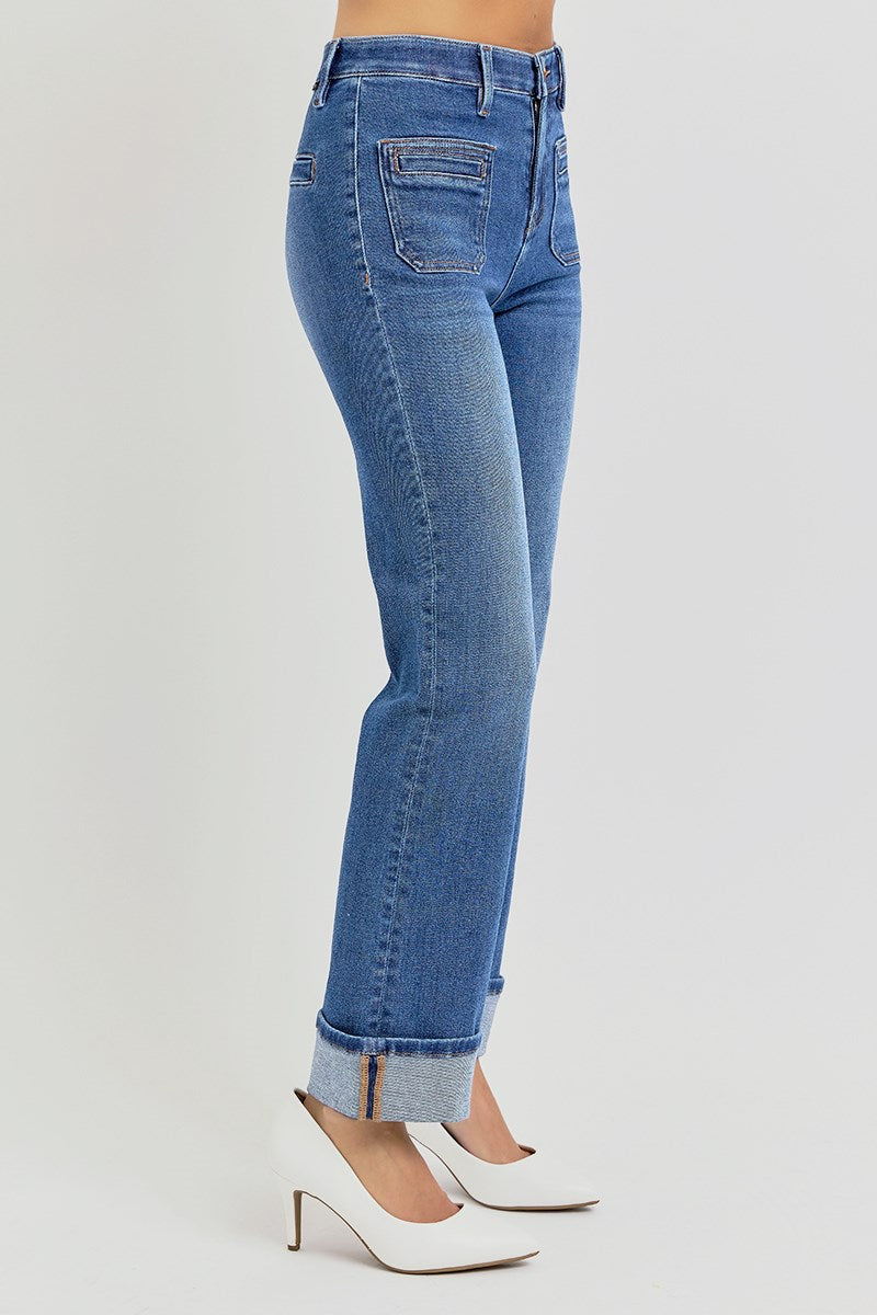 High Rise Ankle Slim Straight Front Pocket Jeans