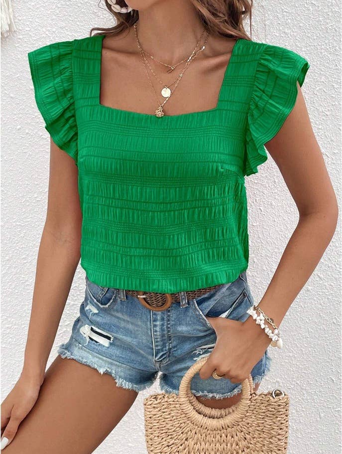 Rosa Clothing - Square Neck Ruffle Panels Short-Sleeved T-Shirt Top