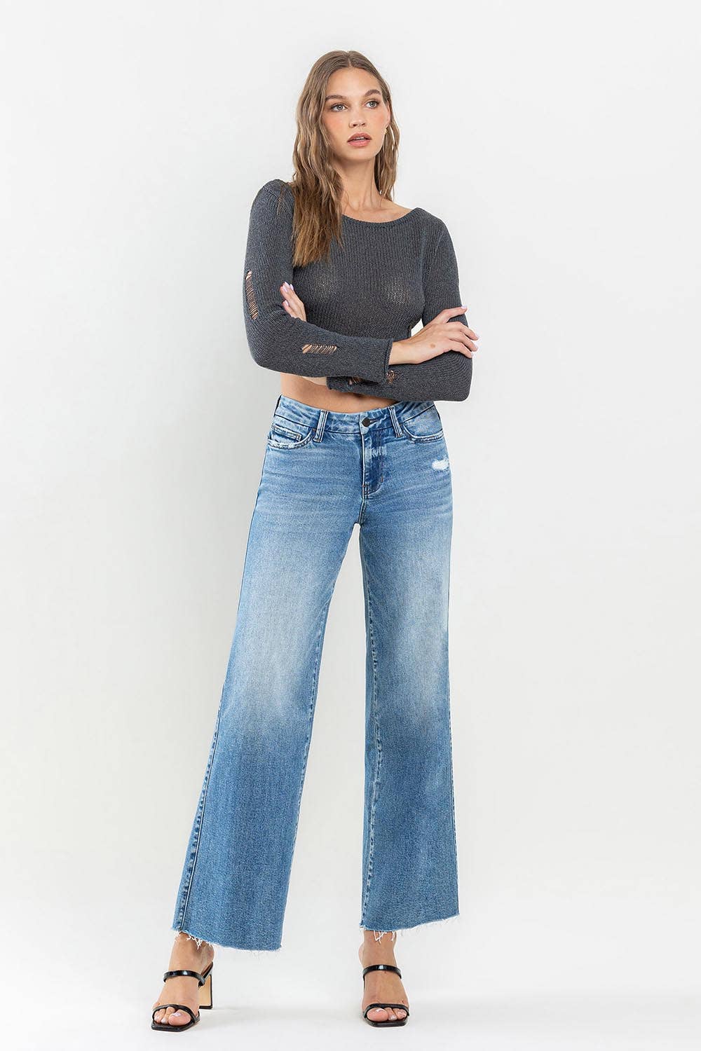 MID RISE ANKLE RAW HEM WIDE LEG JEANS