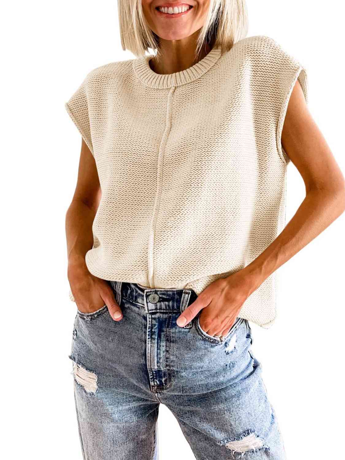 Rolled Knit Sweater w/Exposed Seam Detail & Cap-Sleeves