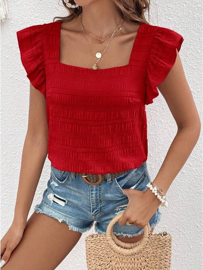 Square Neck Ruffle Panels Short-Sleeved T-Shirt Tope