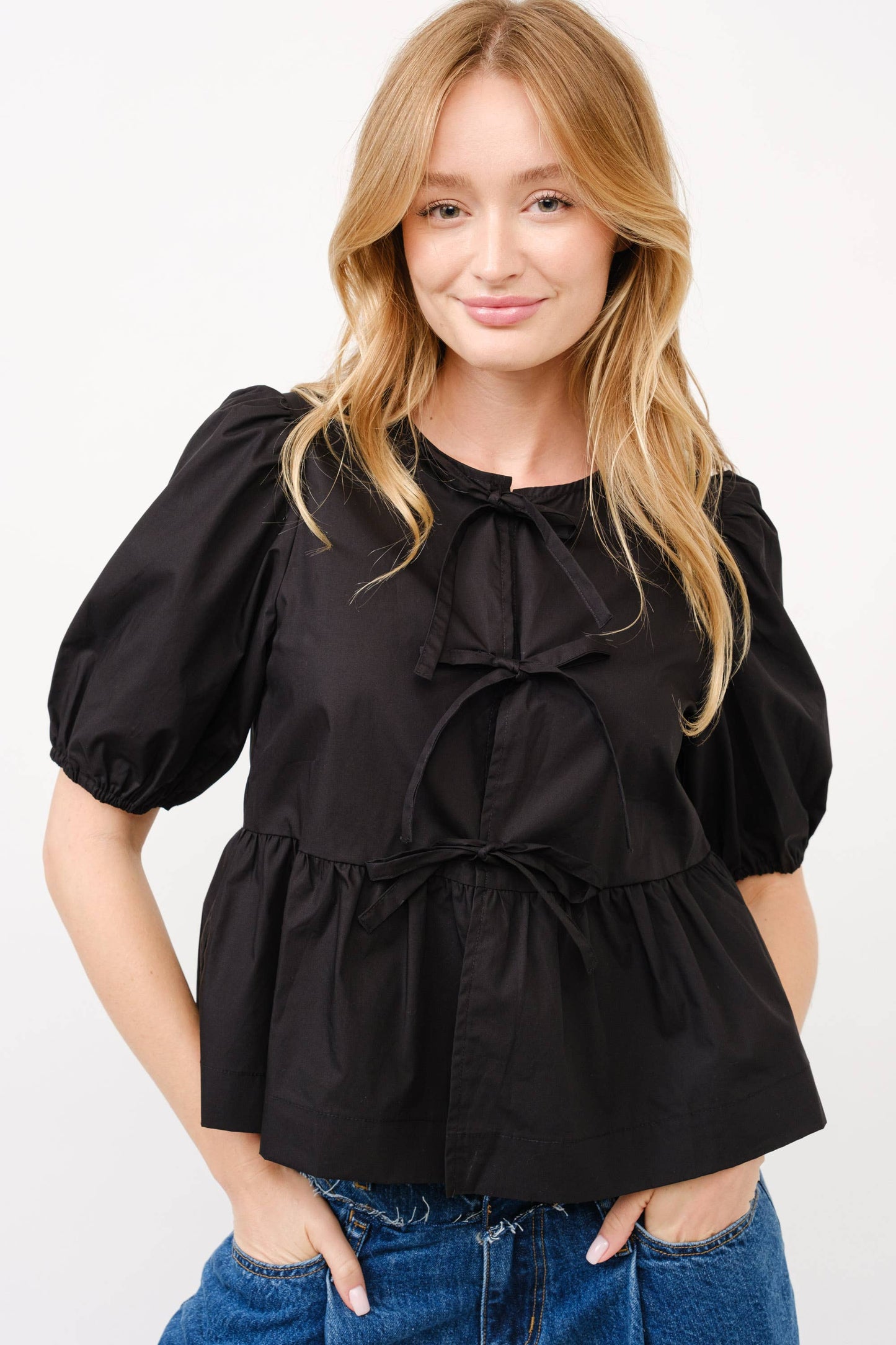 Poplin Front Bow Tie Peplum Blouse With Puff Sleeve