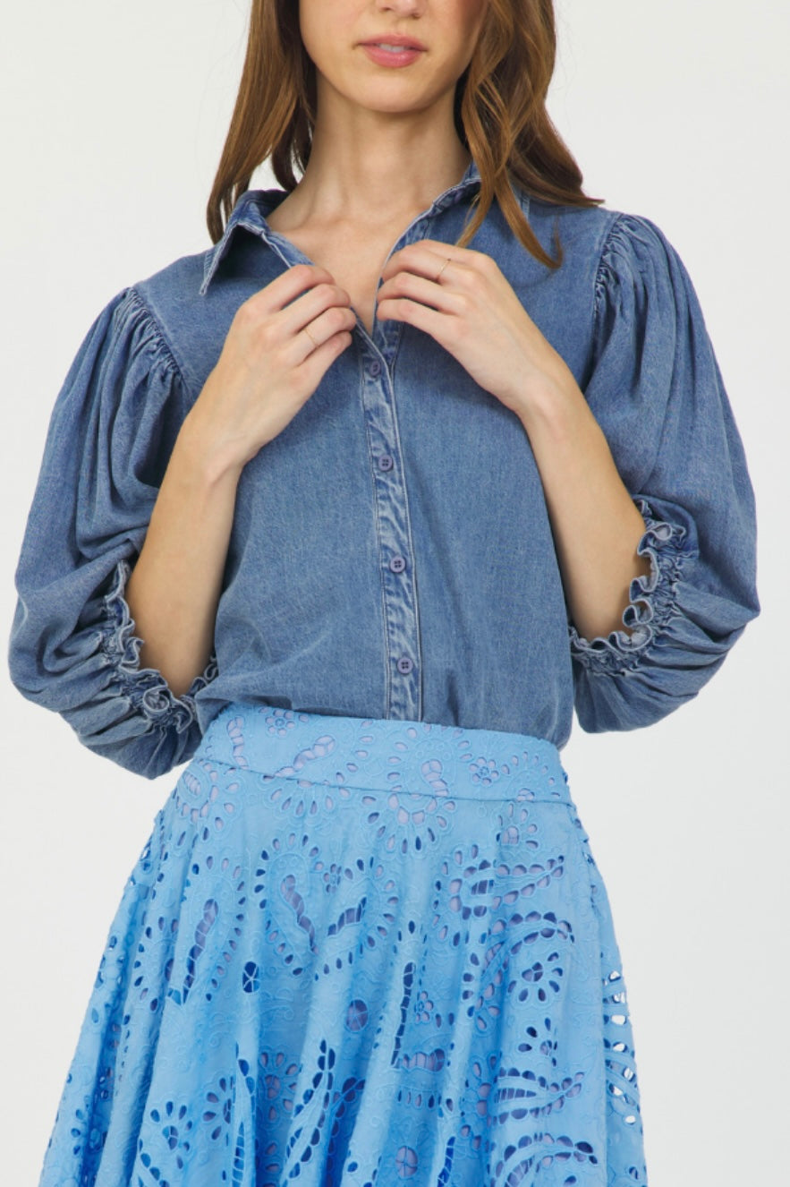 Denim Puff Sleeve Buttondown Shirt