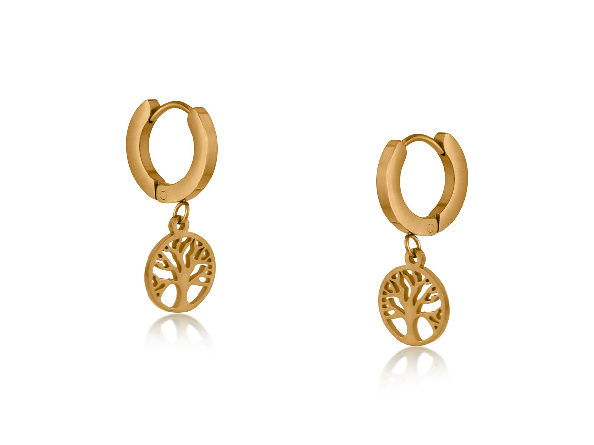 Gold Samara Tree Of Life Stainless Steel Huggie Earrings