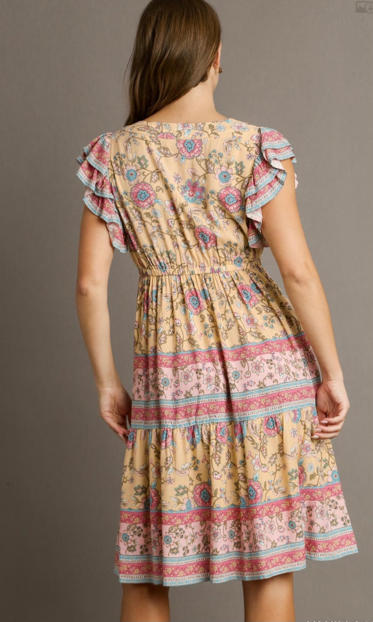 Border Print V-Neck Pleated Midi Dress with Ruffle Sleeve