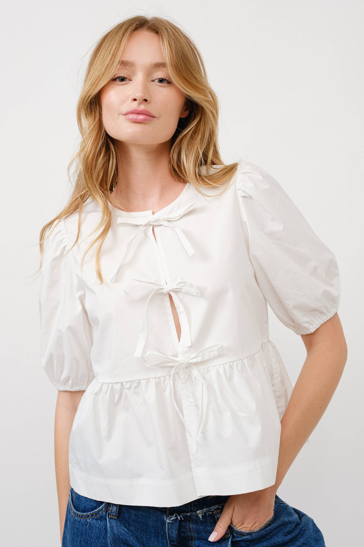 Poplin Front Bow Tie Peplum Blouse With Puff Sleeve