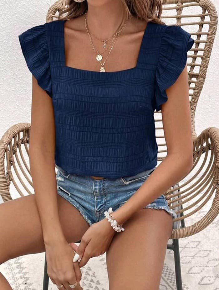 Square Neck Ruffle Panels Short-Sleeved T-Shirt Tope