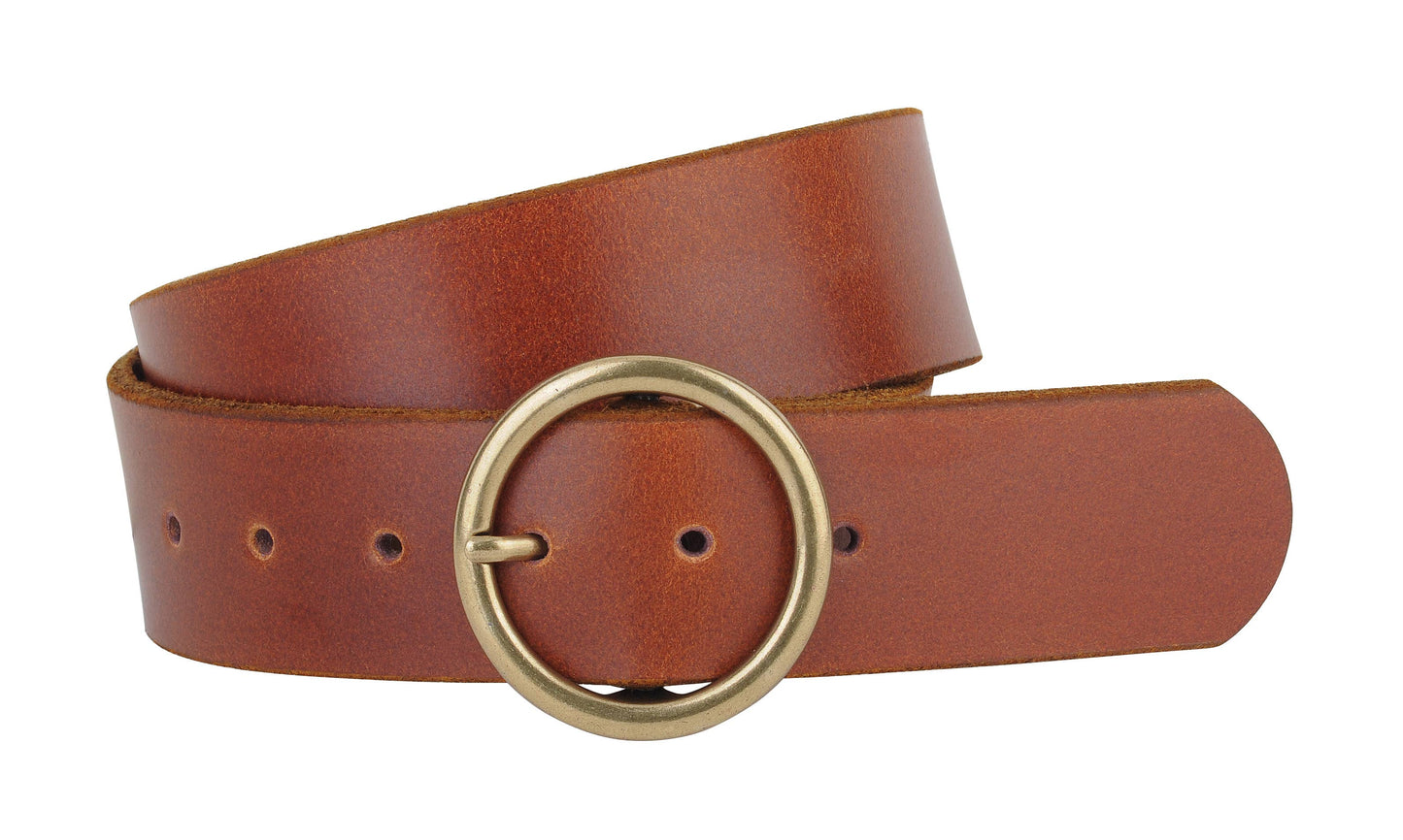 Wide Brass-Toned Single Ring Buckle Leather Belt