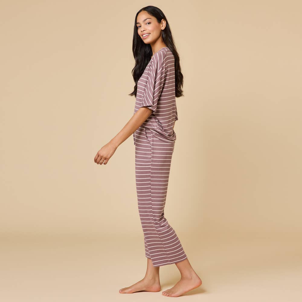Striped Dream V-Neck Capri Lounge Set – Buttery Soft 2-Piece