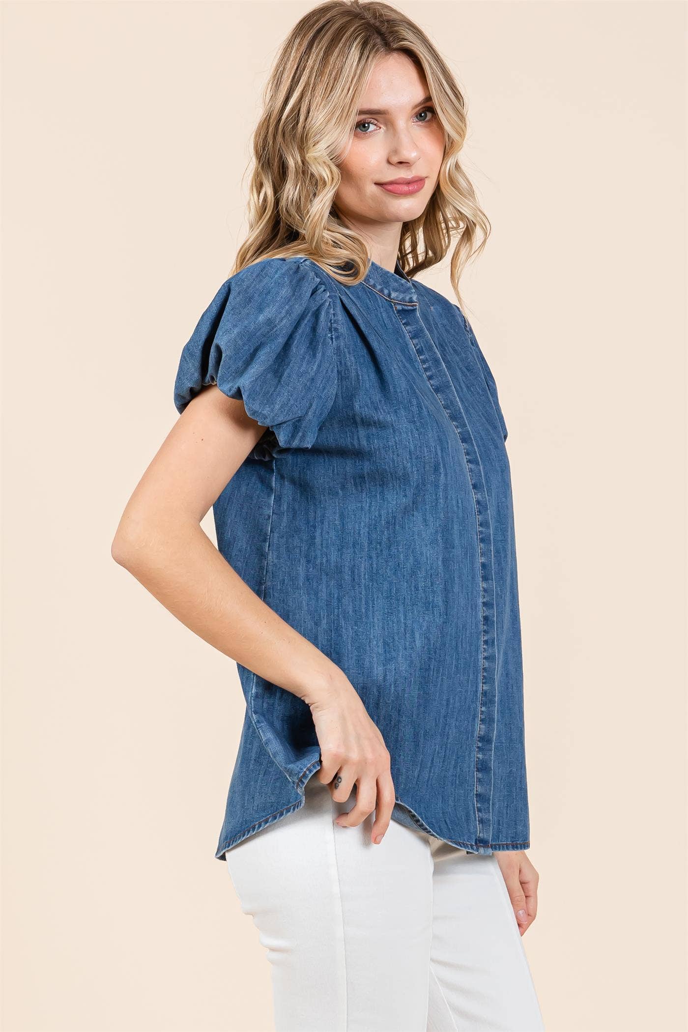 Extended Size Puffed Sleeve Denim Blouse