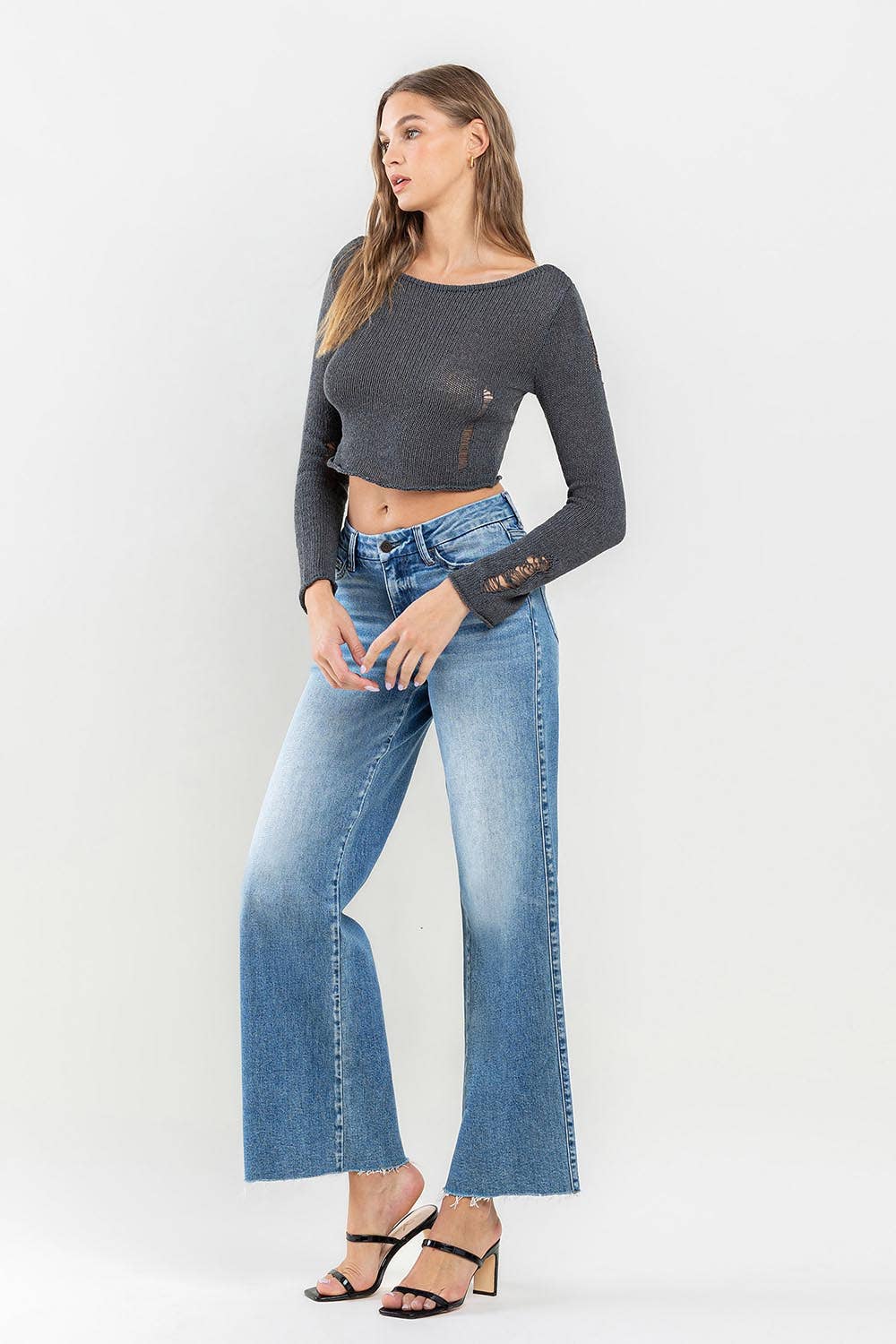 MID RISE ANKLE RAW HEM WIDE LEG JEANS