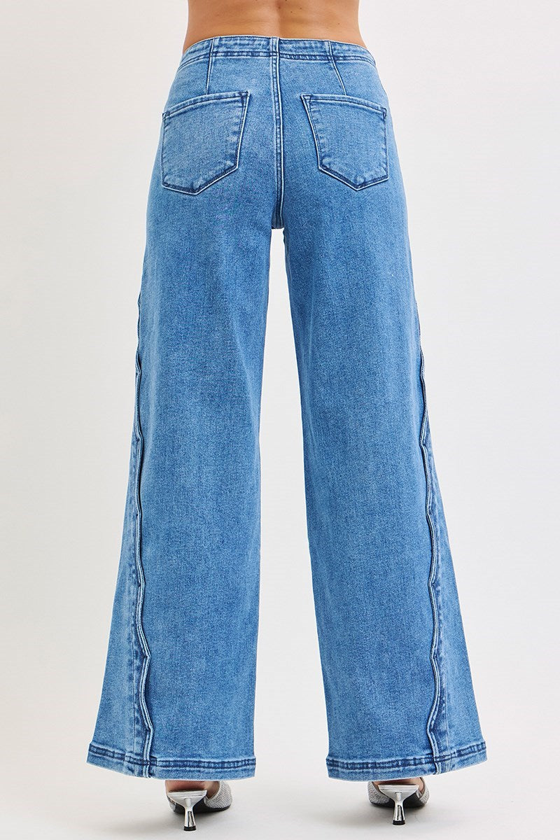 High Rise Wide Leg Jeans with Scalloped Edge Detail