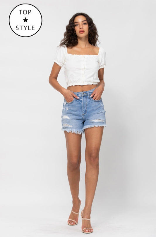 High Rise Frayed Hem Mom Short