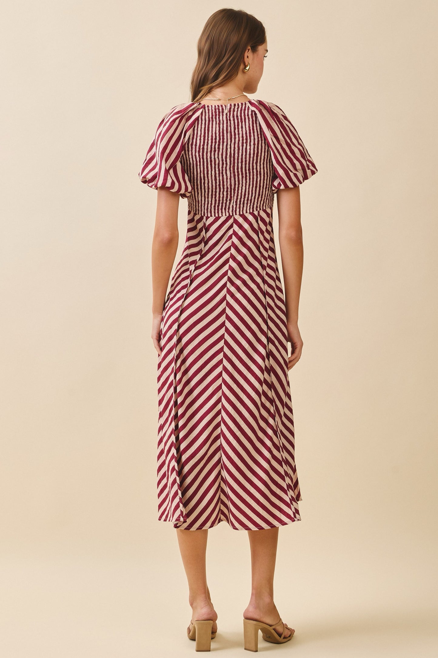 Striped Smocked Bodice V Neck Midi Dress