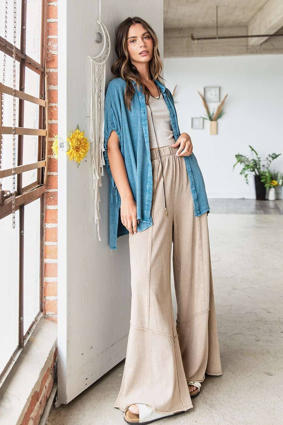 Mineral Wash Wide Flared Leg Lounge Pants