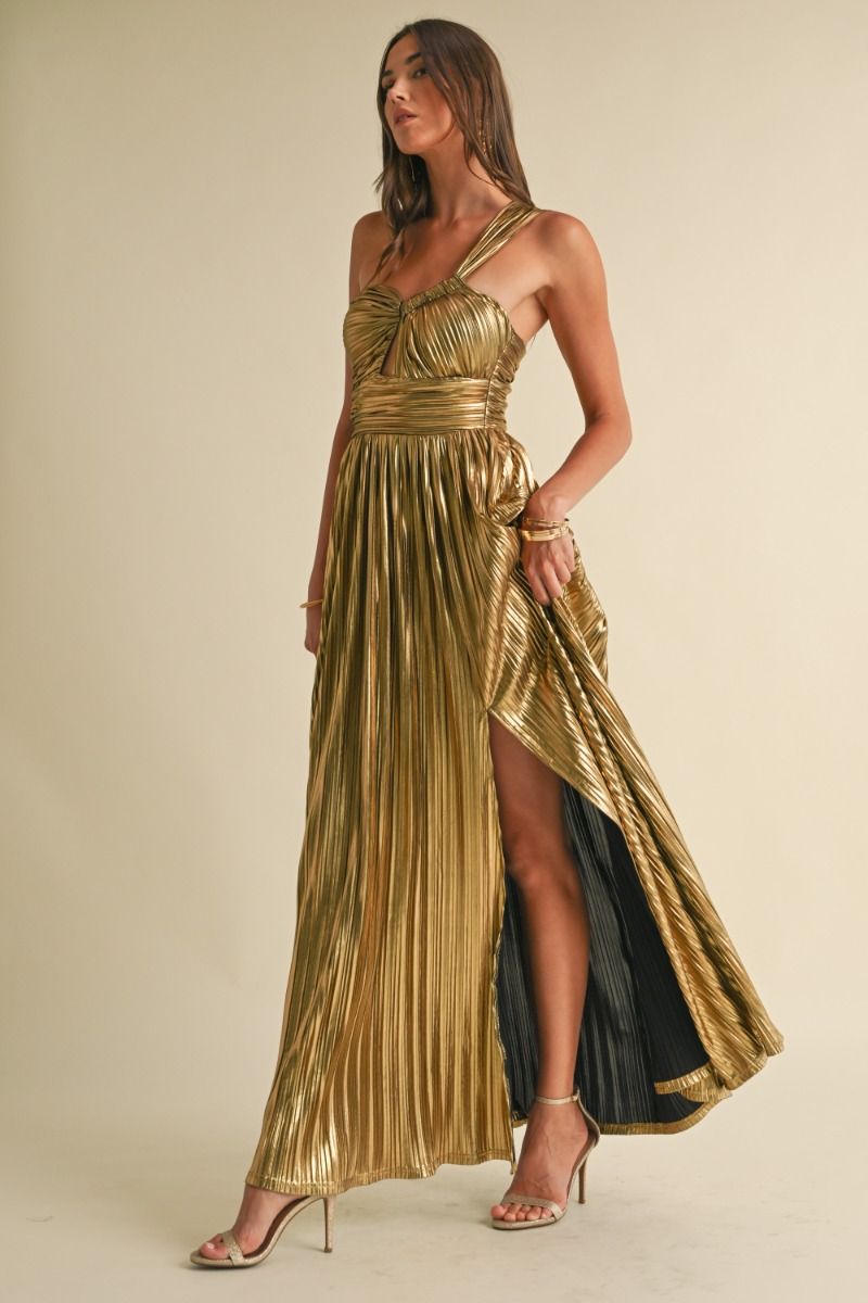 Metallic Pleat Maxi Dress