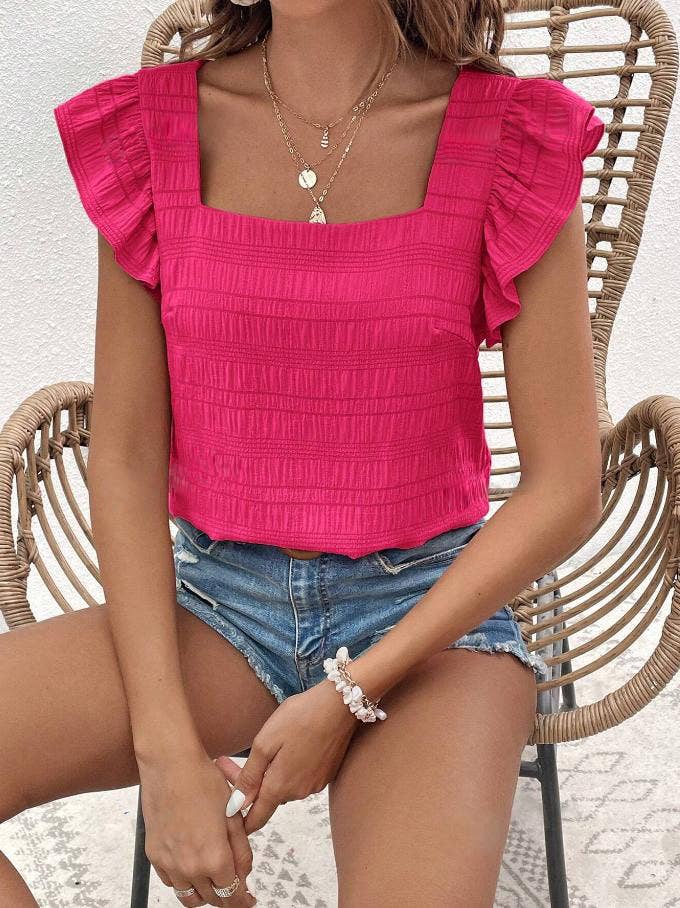 Rosa Clothing - Square Neck Ruffle Panels Short-Sleeved T-Shirt Top