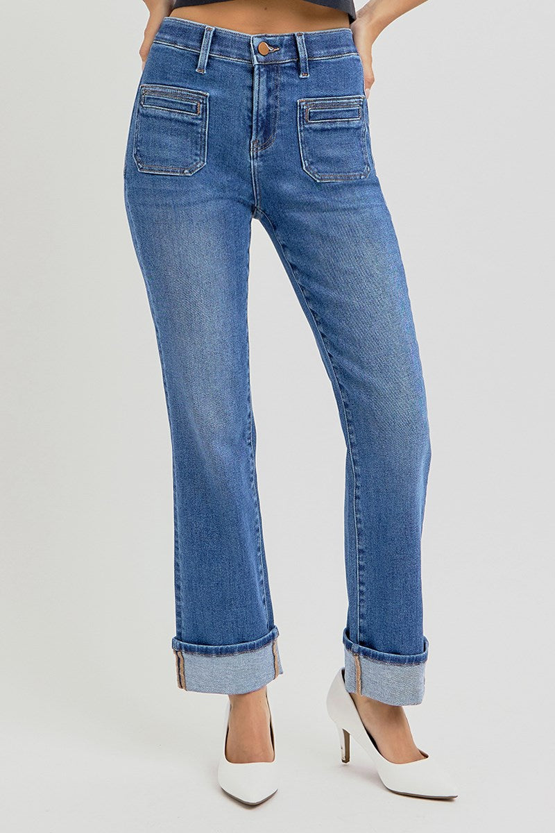 High Rise Ankle Slim Straight Front Pocket Jeans