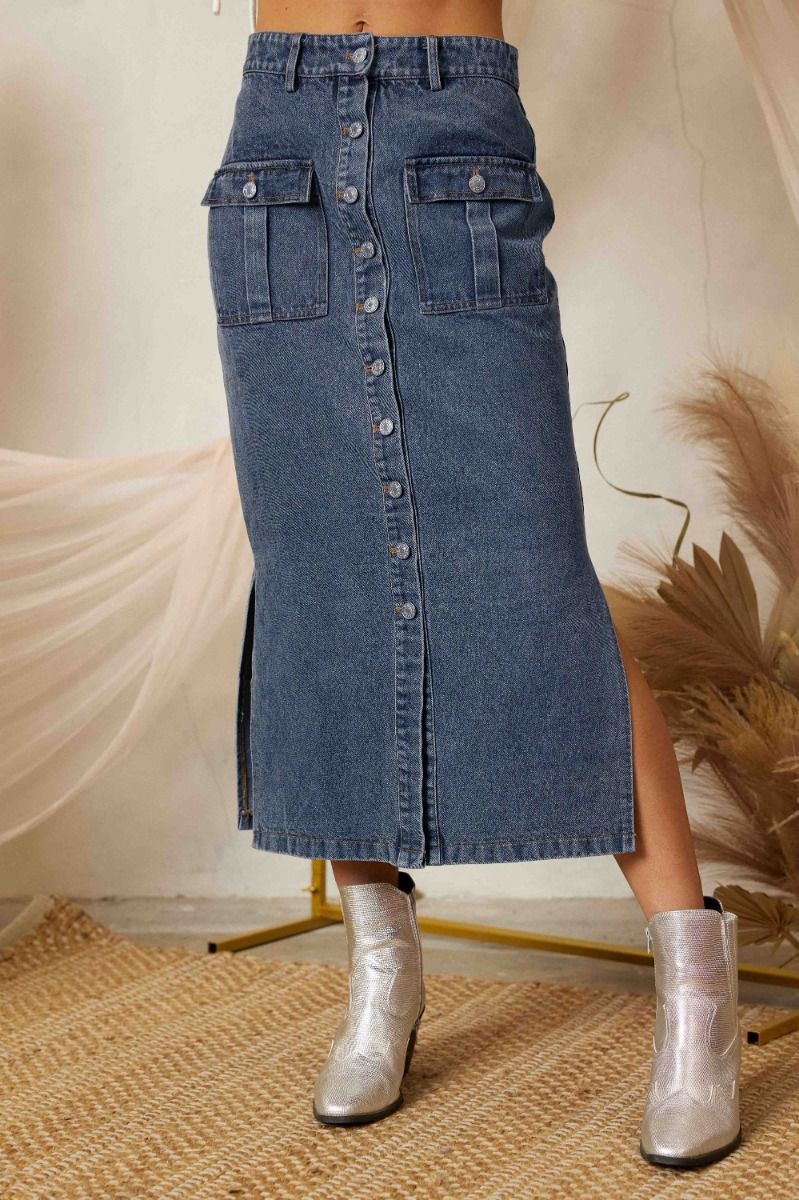 Side Slit Pencil Denim Skirt