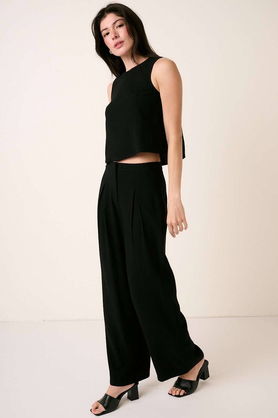 Linen Blend Crop Tank Top Pleated Pant Set