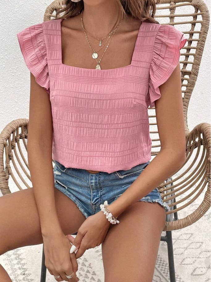 Square Neck Ruffle Panels Short-Sleeved T-Shirt Tope