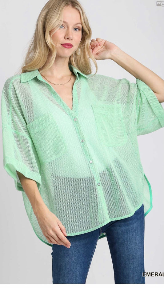 Mesh Button Down Collared Shirt