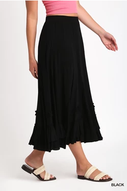 Rayon Elastic Waist Maxi Skirt with Cut Edges Details