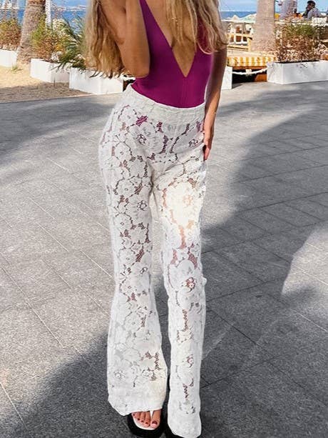 Lace Jacquard Sheer High-Rise Casual Flared Trousers