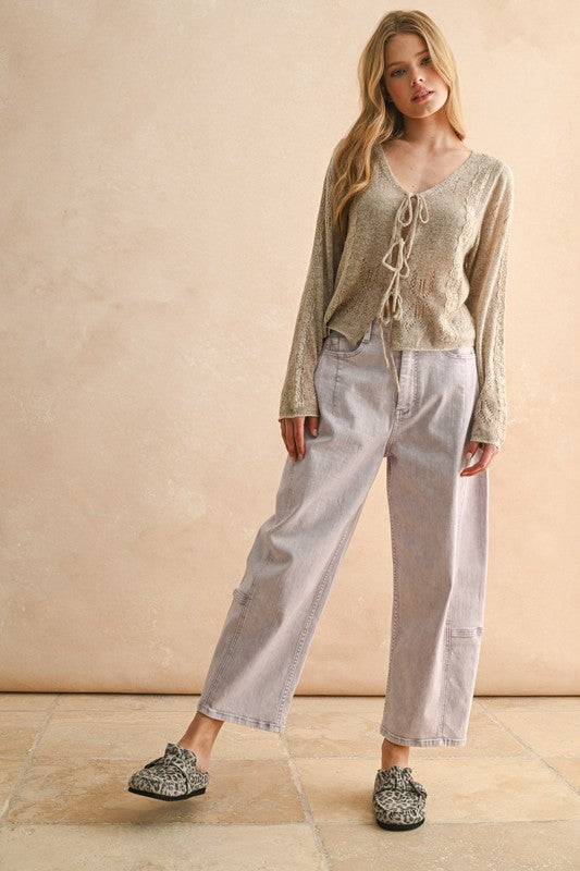 Lace Contrasted Tie Front Knitted Cardigan