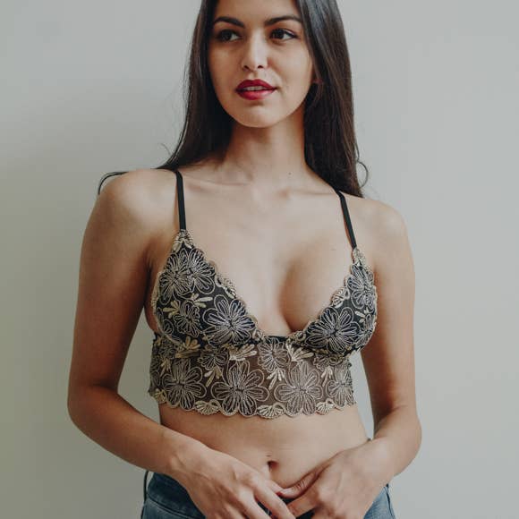 Golden Floral Lace Longline Bralette