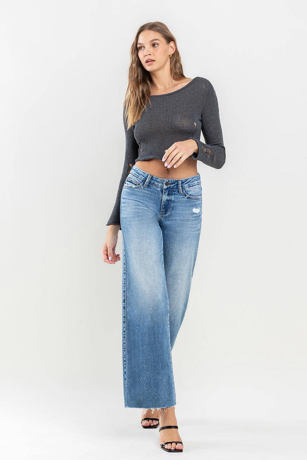 MID RISE ANKLE RAW HEM WIDE LEG JEANS