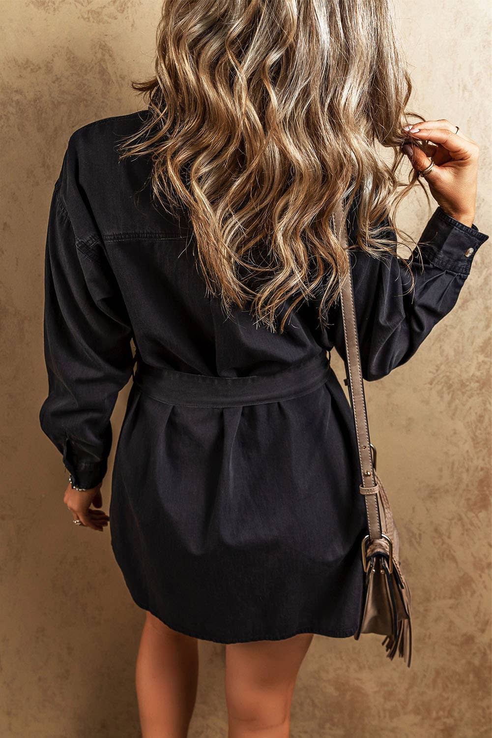 Button-Up Belted Denim Shirt Dress