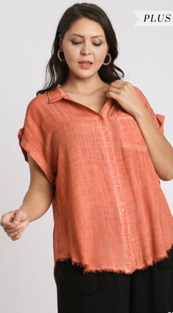 Washed Button Up Short Sleeve Top with Frayed Hemline Extended Size