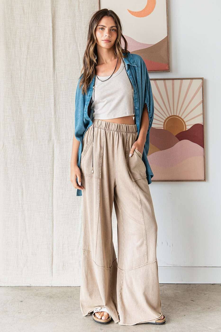 Mineral Wash Wide Flared Leg Lounge Pants