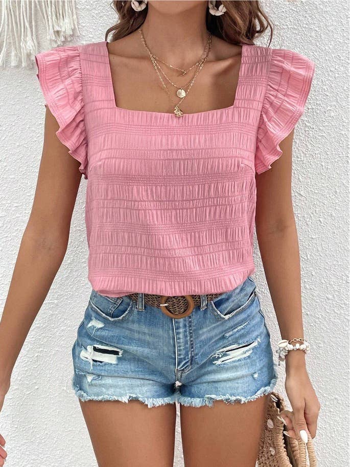 Square Neck Ruffle Panels Short-Sleeved T-Shirt Tope