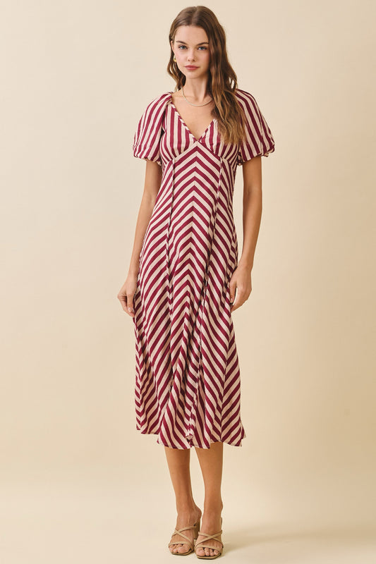 Striped Smocked Bodice V Neck Midi Dress