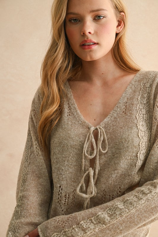 Lace Contrasted Tie Front Knitted Cardigan